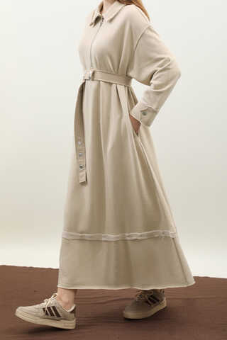 Geniş Yaka Kemerli Elbise Taş - 5