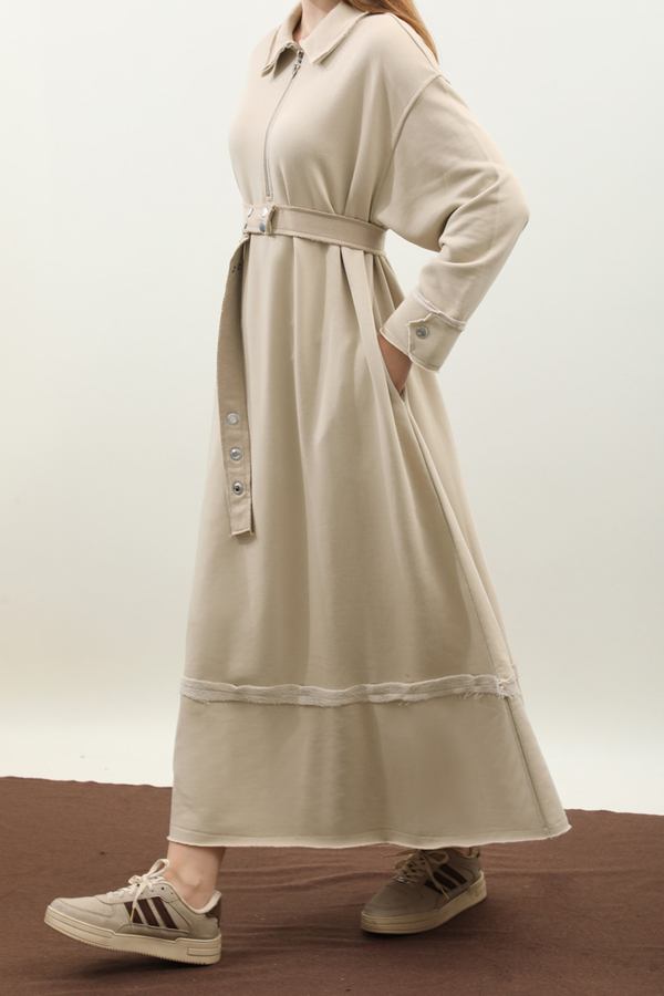 Geniş Yaka Kemerli Elbise Taş - 5