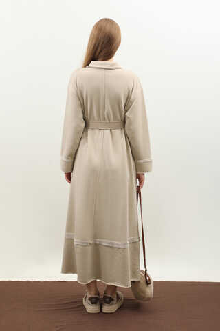 Geniş Yaka Kemerli Elbise Taş - 8