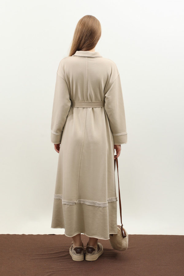 Geniş Yaka Kemerli Elbise Taş - 8
