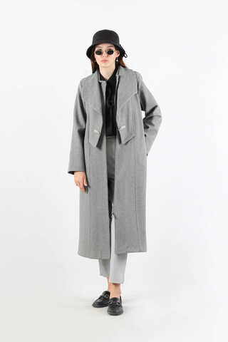 Geniş Yaka Önden Tokalı Kaban Gri - 1