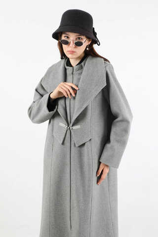 Geniş Yaka Önden Tokalı Kaban Gri - 2