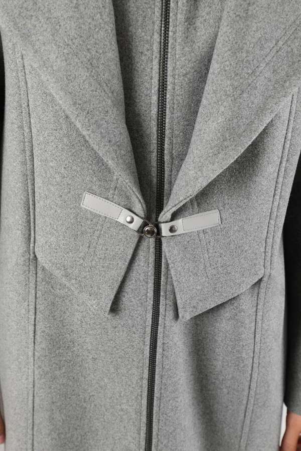 Geniş Yaka Önden Tokalı Kaban Gri - 4