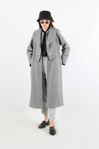 Geniş Yaka Önden Tokalı Kaban Gri - 5