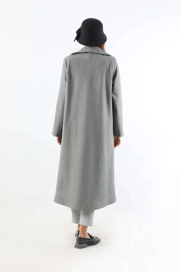 Geniş Yaka Önden Tokalı Kaban Gri - 6