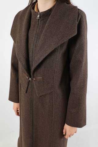 Geniş Yaka Önden Tokalı Kaban Kahverengi - 4