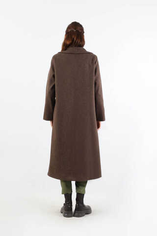 Geniş Yaka Önden Tokalı Kaban Kahverengi - 6