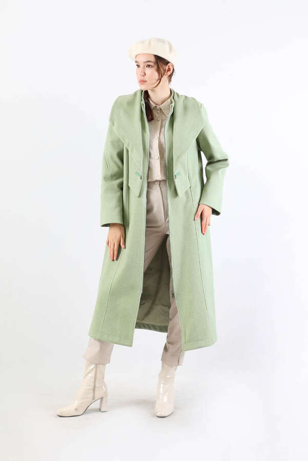 Geniş Yaka Önden Tokalı Kaban Mint - 3