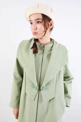 Geniş Yaka Önden Tokalı Kaban Mint - 4