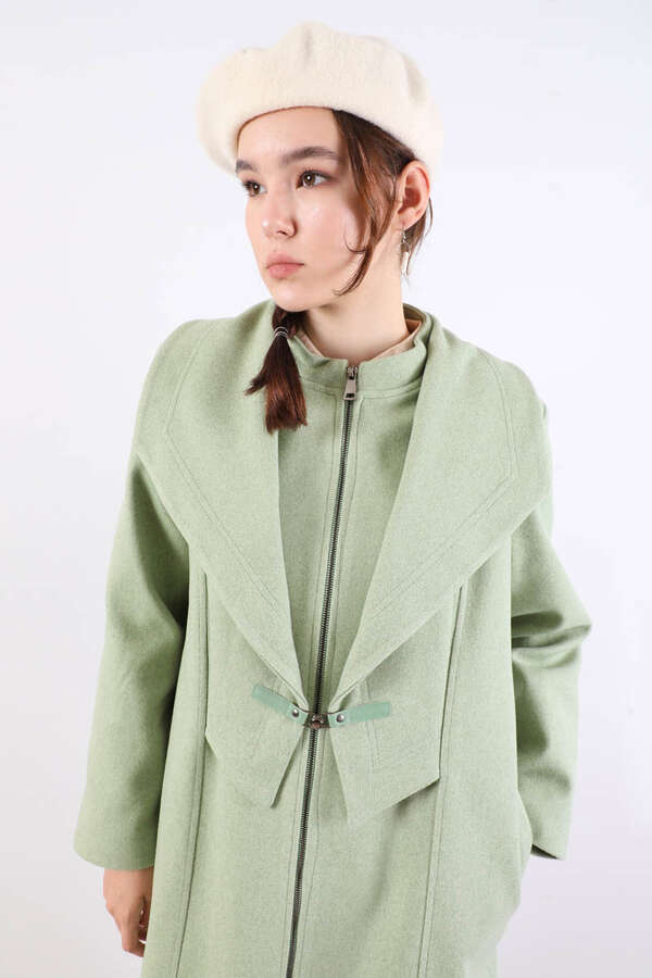 Geniş Yaka Önden Tokalı Kaban Mint - 4