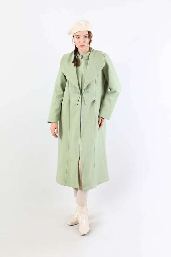 Geniş Yaka Önden Tokalı Kaban Mint - 5