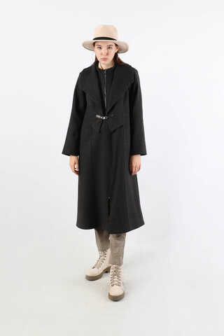 Geniş Yaka Önden Tokalı Kaban Siyah - 5