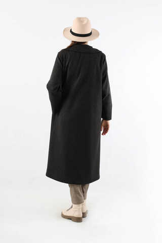 Geniş Yaka Önden Tokalı Kaban Siyah - 6