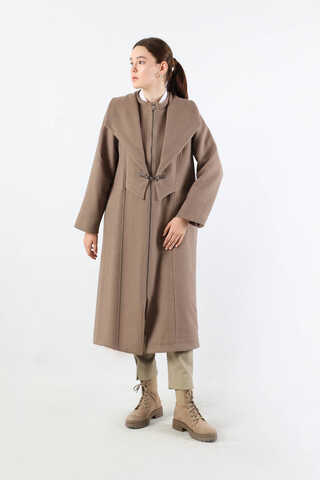 Geniş Yaka Önden Tokalı Kaban Vizon - 1