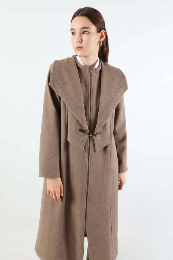 Geniş Yaka Önden Tokalı Kaban Vizon - 2