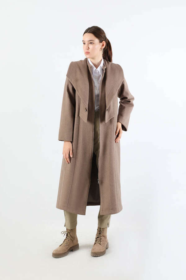 Geniş Yaka Önden Tokalı Kaban Vizon - 3