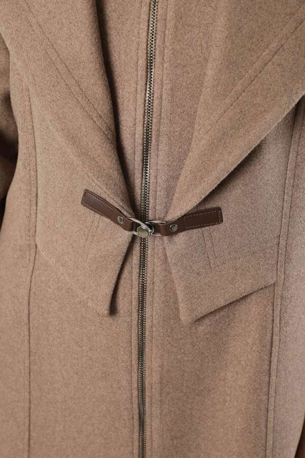 Geniş Yaka Önden Tokalı Kaban Vizon - 4