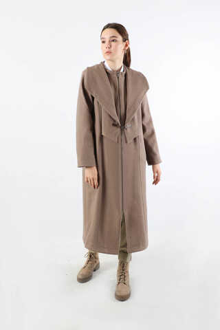 Geniş Yaka Önden Tokalı Kaban Vizon - 5