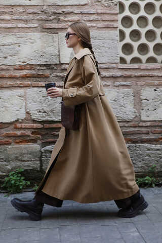 Geniş Yaka Trençkot Camel - 9