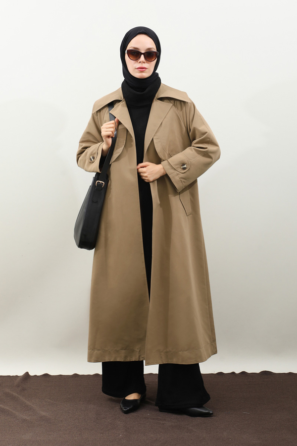 Geniş Yaka Trençkot Camel - 11