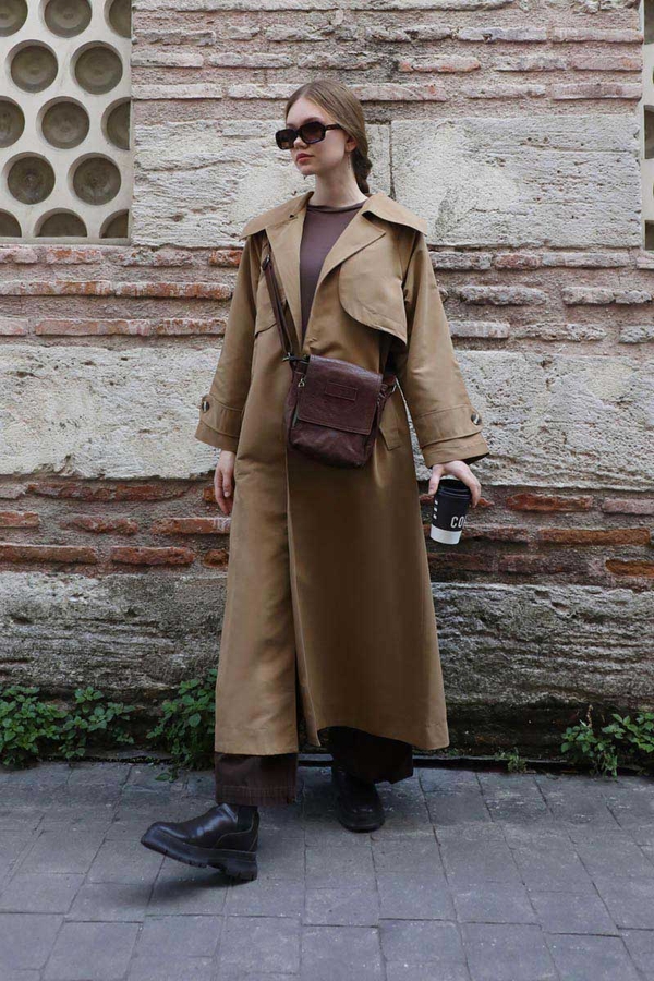 Geniş Yaka Trençkot Camel - 5