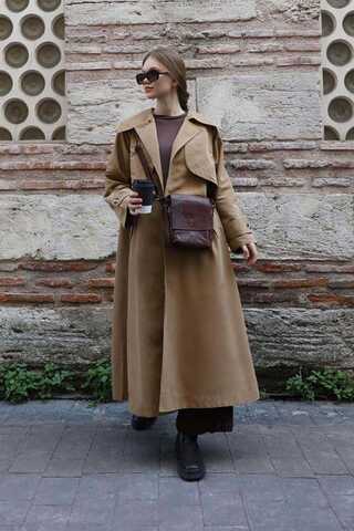 Geniş Yaka Trençkot Camel - 7