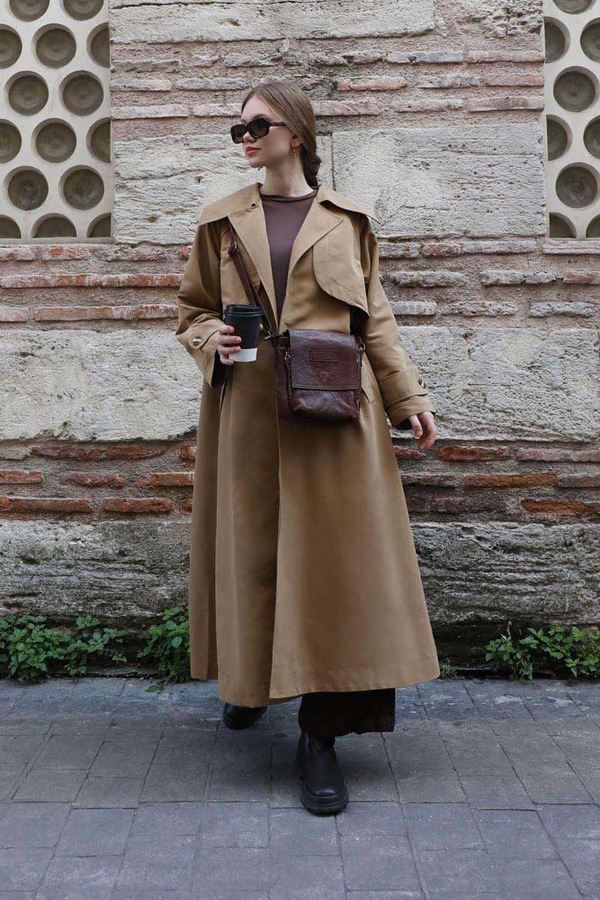 Geniş Yaka Trençkot Camel - 7