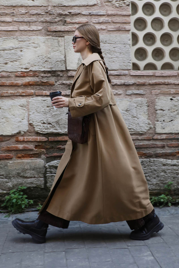Geniş Yaka Trençkot Camel - 9