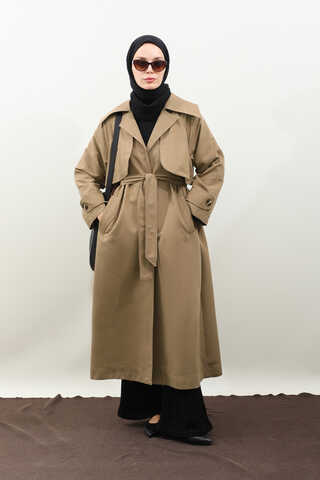 Geniş Yaka Trençkot Camel - 12