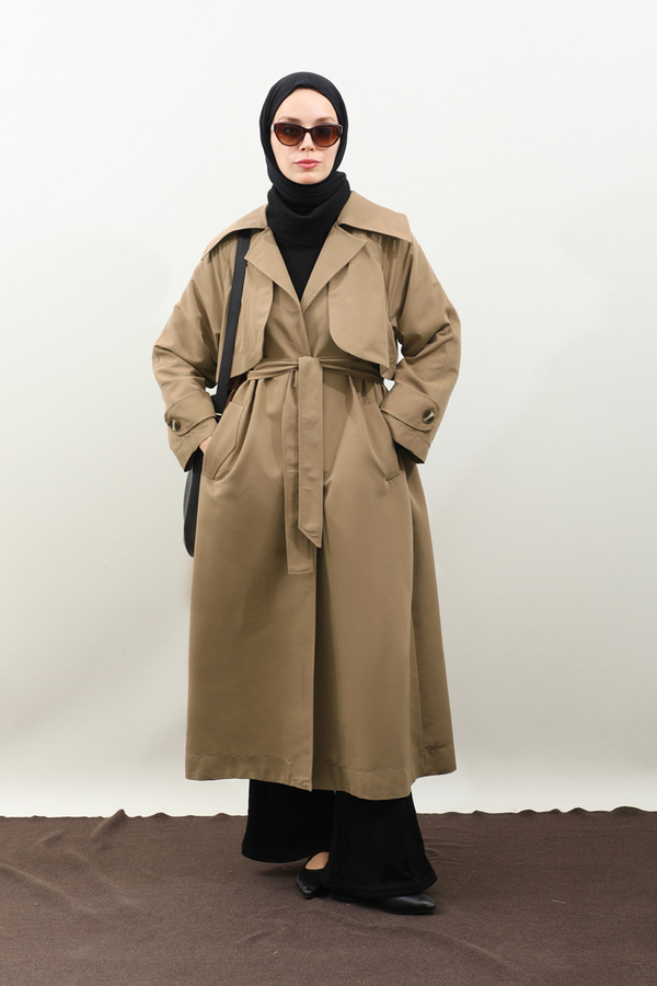 Geniş Yaka Trençkot Camel - 12