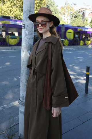 Geniş Yaka Trençkot Kahverengi - 5