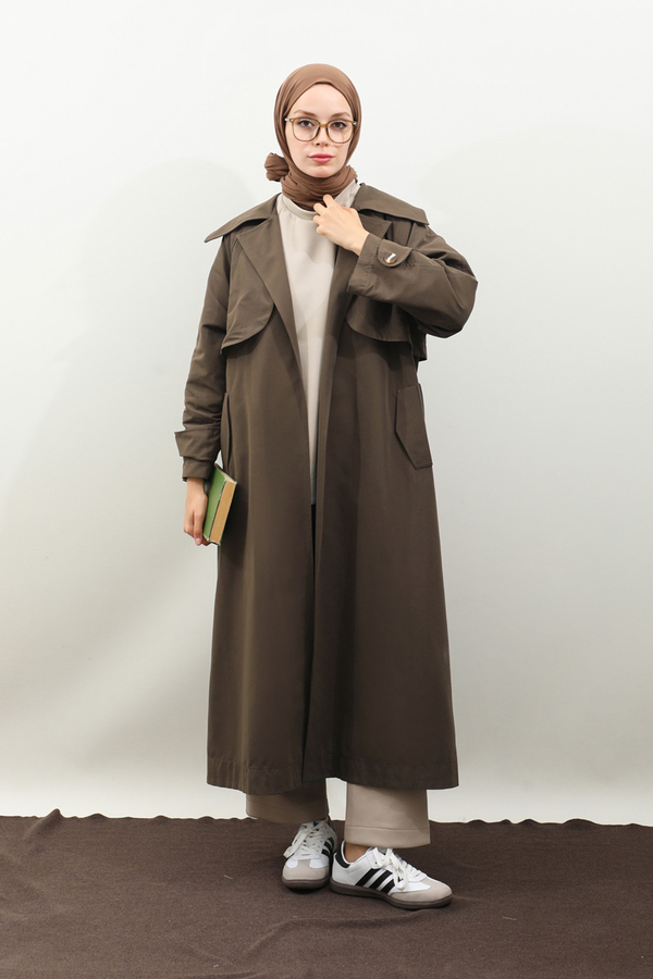 Geniş Yaka Trençkot Kahverengi - 8