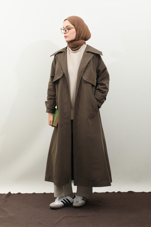 Geniş Yaka Trençkot Kahverengi - 10