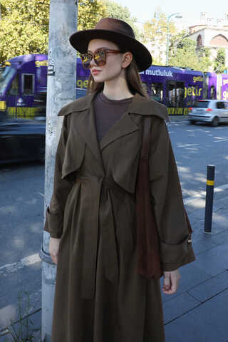 Geniş Yaka Trençkot Kahverengi - 1