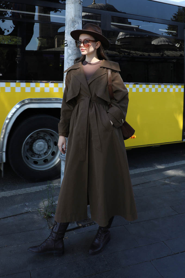 Geniş Yaka Trençkot Kahverengi - 6