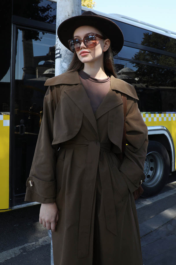 Geniş Yaka Trençkot Kahverengi - 7