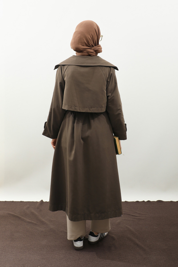 Geniş Yaka Trençkot Kahverengi - 11