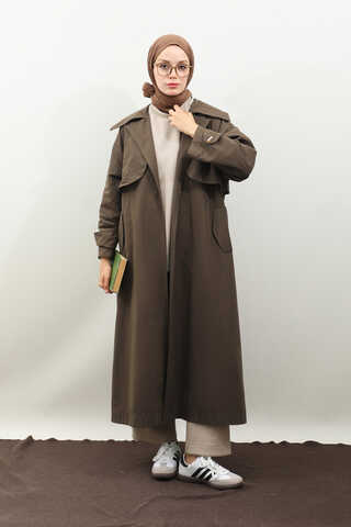 Geniş Yaka Trençkot Kahverengi - 8