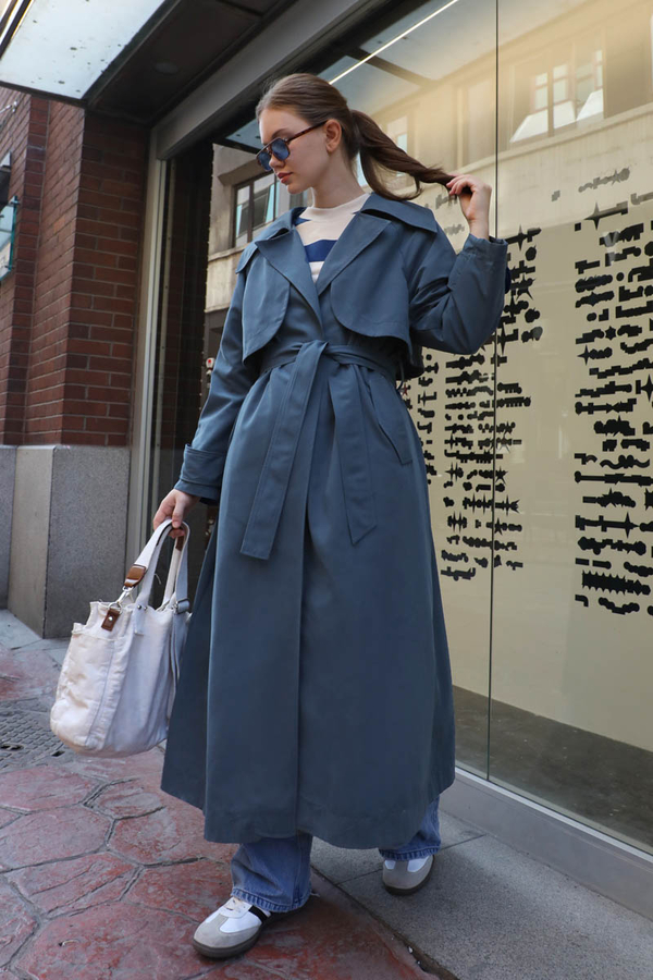 Geniş Yaka Trençkot Lacivert - 1