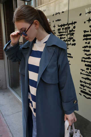 Geniş Yaka Trençkot Lacivert - 5