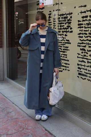 Geniş Yaka Trençkot Lacivert - 6