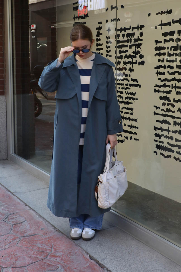 Geniş Yaka Trençkot Lacivert - 6