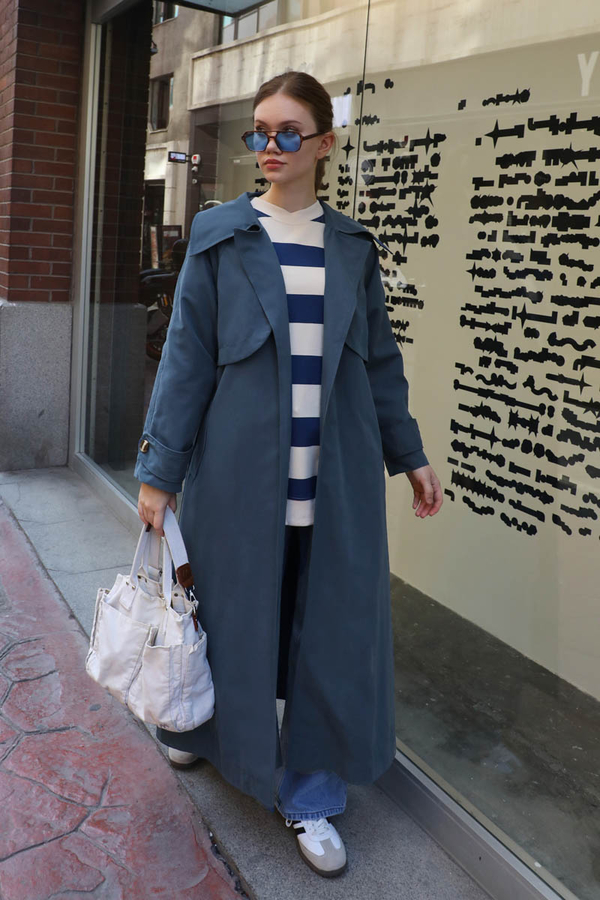 Geniş Yaka Trençkot Lacivert - 7