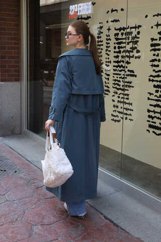 Geniş Yaka Trençkot Lacivert - 8