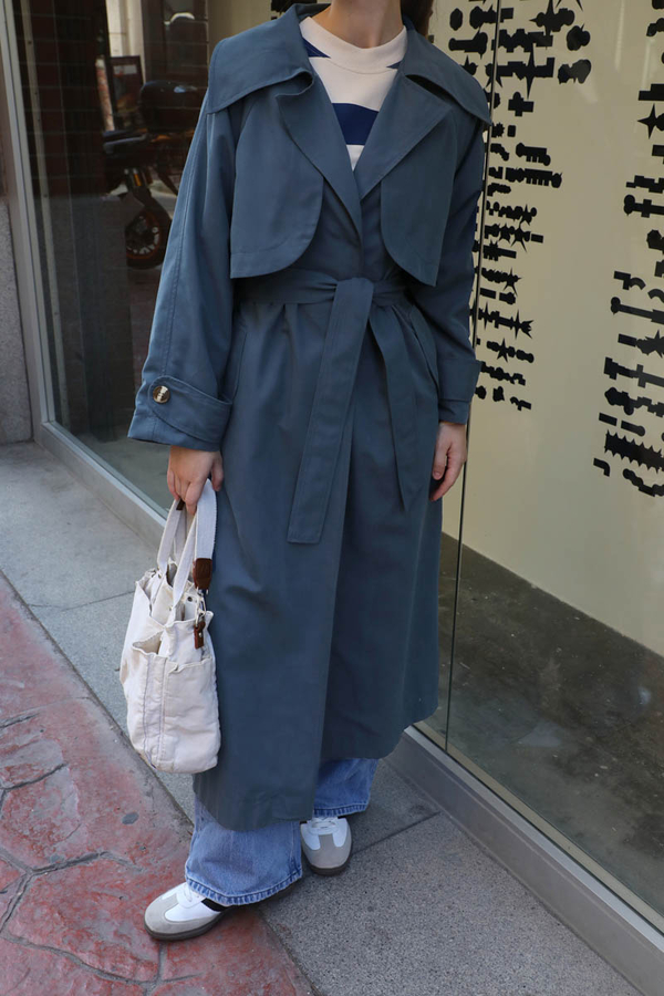 Geniş Yaka Trençkot Lacivert - 11