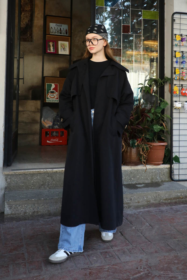 Geniş Yaka Trençkot Siyah - 3
