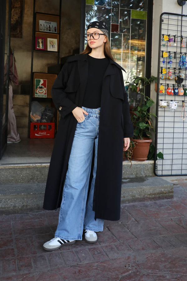 Geniş Yaka Trençkot Siyah - 5