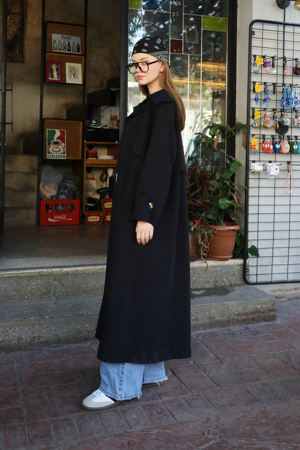 Geniş Yaka Trençkot Siyah - 6