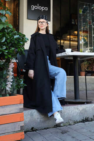 Geniş Yaka Trençkot Siyah - 7