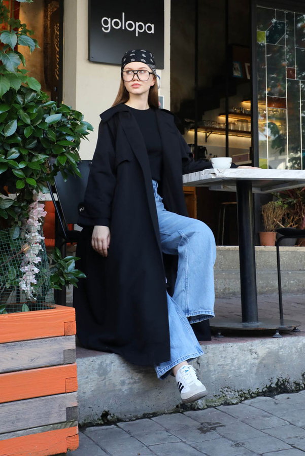 Geniş Yaka Trençkot Siyah - 7